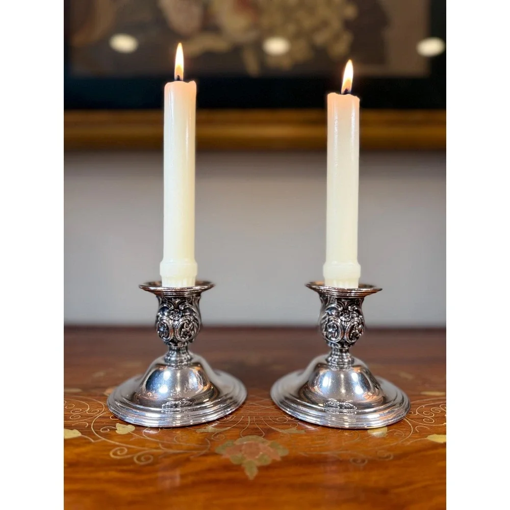 Vintage Wm Rogers Silverplate Candlestick Holders Pair • Victorian Rose Pattern